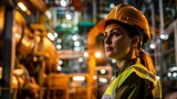 A female engineer in safety gear observing machinery in an industrial factory setting, signifies engineering, production, and technology