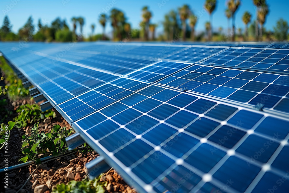 A row of solar panels installed in a field under the sun A row of solar panels installed in a field under the sun