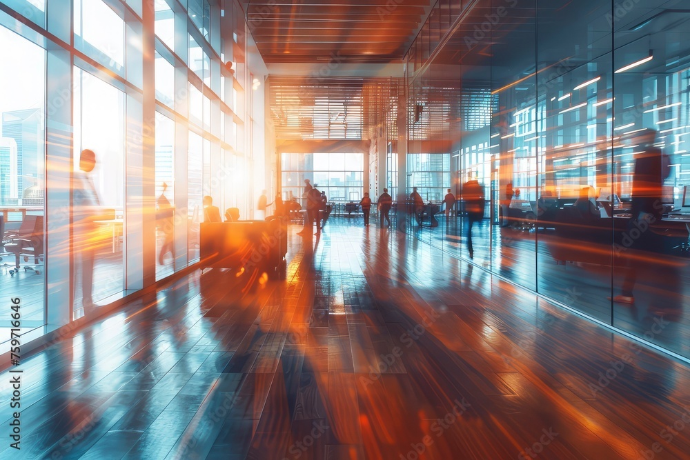 minimalist office environment where the activity of people is shown in motion blur, illustrating the dynamism of the workplace, generative ai