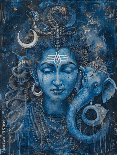 Majestic portrait of Lord Shiva, skin in ethereal blue, serpents entwined around the neck, adorned with a crescent moon on the head. The sacred river Ganges flowing from the hair, generative ai