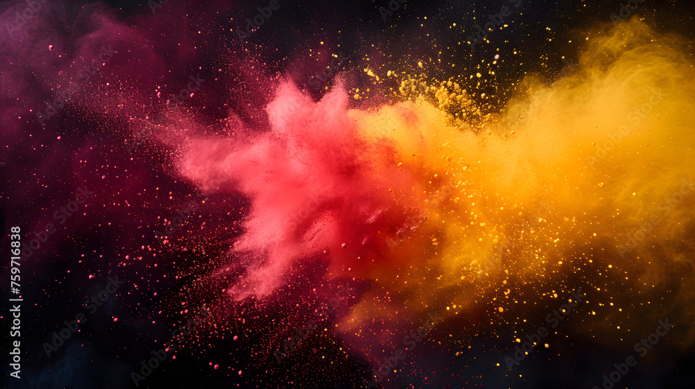 Red and yellow colored powder explosions on black background. Holi paint powder splash in colors of Spanish flag Red and yellow colored powder explosions on black background. Holi paint powder splash in colors of Spanish flag
