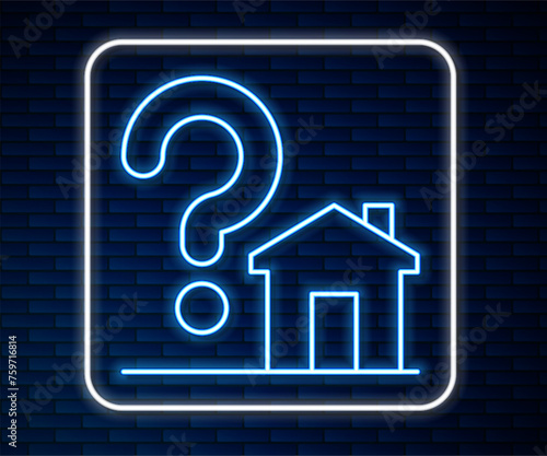 Glowing neon line House with question mark icon isolated on brick wall background. Housing problems, questions. Vector