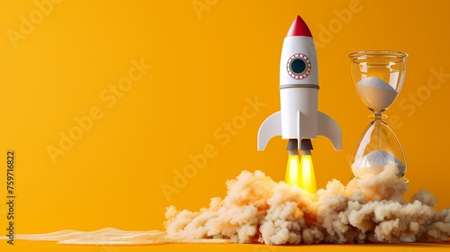 Rocket taking off near hourglass on yellow background, time running out, take action now