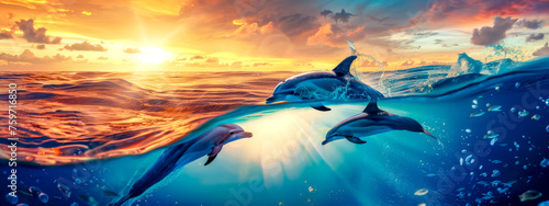 Dolphins leaping at sunset in ocean