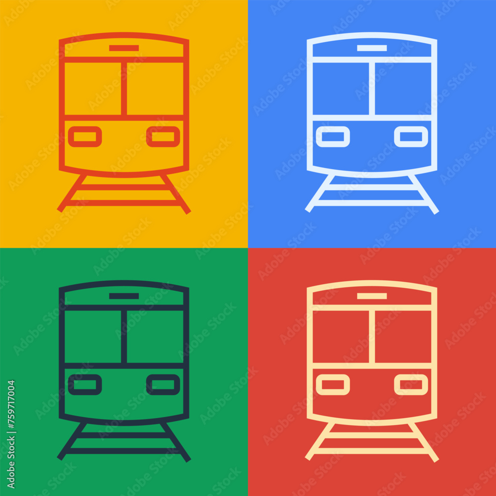 Pop art line Train and railway icon isolated on color background. Public transportation symbol. Subway train transport. Metro underground. Vector Pop art line Train and railway icon isolated on color background. Public transportation symbol. Subway train transport. Metro underground. Vector