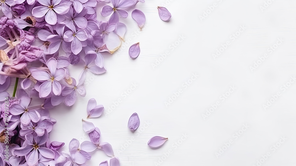 Spring banner with copy space for text. Tender purple lilac flowers, petals on white background. Lovely spring composition. Seasonal blossom mockup. Natural floral template. Flat lay, top view