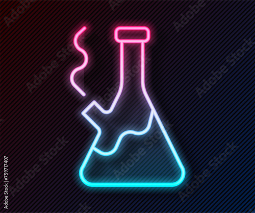 Glowing neon line Glass bong for smoking marijuana or cannabis icon isolated on black background. Vector