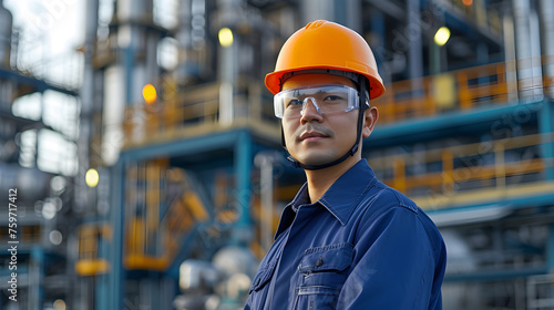 Refinery worker wearing uniform, protective eyeglasses and hard hat standing in front of the oil factory photo