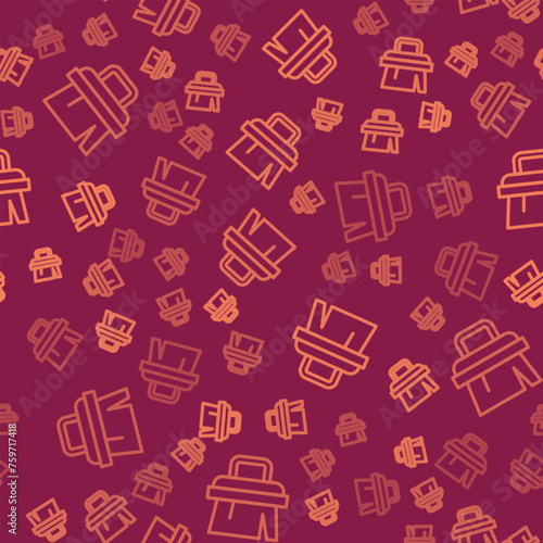 Brown line Sauna brush icon isolated seamless pattern on red background. Wooden brush with coarse bristles for washing in the bath. Anti cellulite massage. Vector