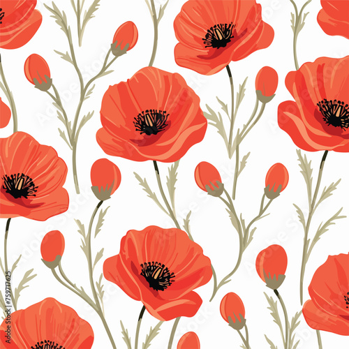 Hand drawing poppy seamless background. Vector fabr