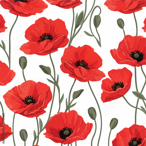 Hand drawing poppy seamless background. Vector fabr