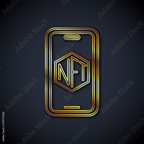 Gold line Mobile with art store app icon isolated on black background. Technology of selling NFT tokens for cryptocurrency. Non fungible token. Vector