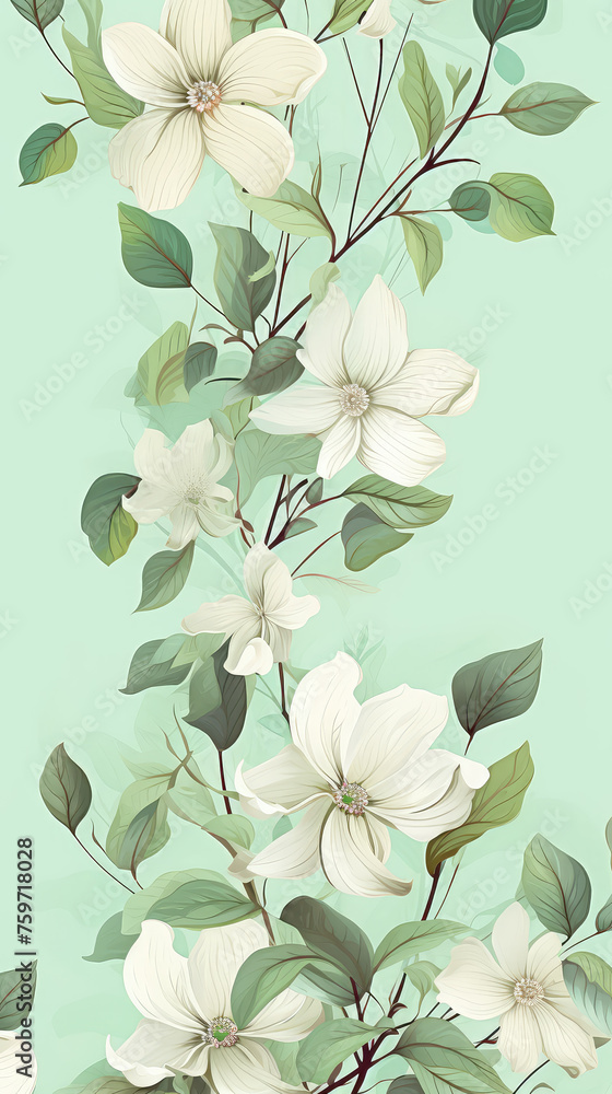 Fototapeta premium Tender white blossom on light green background. Vertical floral pattern, flat lay, top view. Greeting, invitation card concept