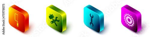 Set Isometric Hacksaw, Hammer and wrench spanner, Wrench spanner and Circular saw blade icon. Vector