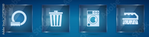 Set Washing dishes, Trash can, Washer and Brush for cleaning. Square glass panels. Vector