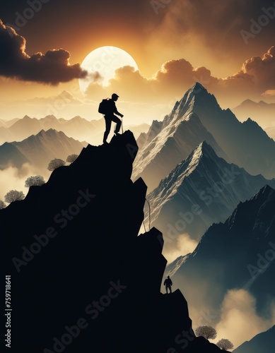 Two silhouetted figures ascend a steep mountain against a dramatic sunset backdrop, embodying the spirit of adventure and partnership. The striking contrast highlights their bold pursuit and the
