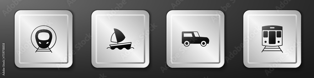 Set Train and railway, Yacht sailboat, Car and icon. Silver square button. Vector Set Train and railway, Yacht sailboat, Car and icon. Silver square button. Vector