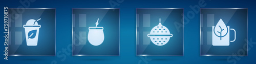 Set Cup of tea with leaf, Mate, Ball strainer and . Square glass panels. Vector