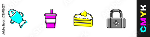 Set Fish, Paper glass with water, Piece of cake and First aid kit icon. Vector