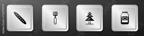 Set French baguette bread, Spatula, Tree and Jam jar icon. Silver square button. Vector