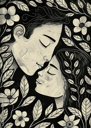 high quality illustration of togetherness in risoprint style and with ink texture photo