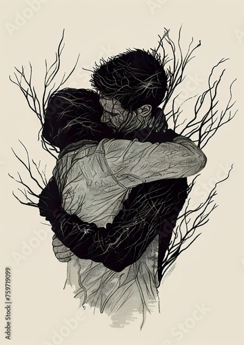 high quality illustration of togetherness in risoprint style and with ink texture photo