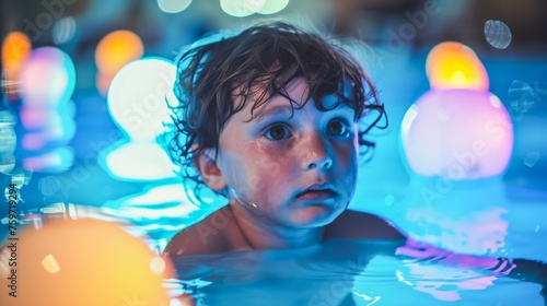 A young child with a startled expression swimming amidst colorful glowing orbs in a pool