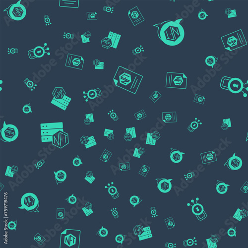 Set NFT contract, Digital crypto art, blockchain technology and Cyber security on seamless pattern. Vector
