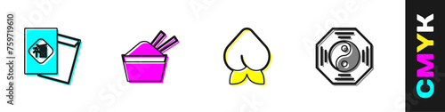 Set Chinese New Year, ice bowl with chopstick, Peach fruit or nectarine and Yin Yang symbol icon. Vector