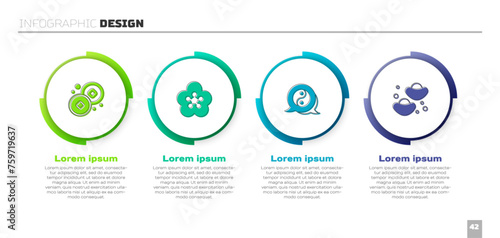 Set Chinese Yuan currency, Lotus flower, Yin Yang symbol and fortune cookie. Business infographic template. Vector