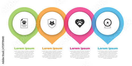 Set Medical clinical record pet, Animal health insurance, Heart with animals footprint and Hamster wheel. Business infographic template. Vector