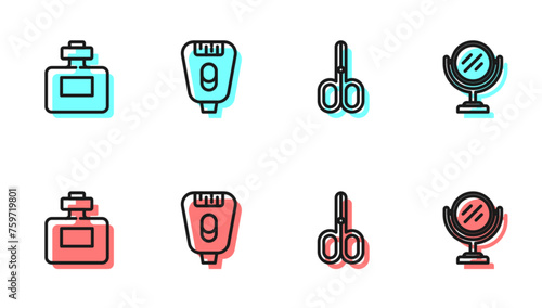 Set line Scissors, Perfume, Epilator and Round makeup mirror icon. Vector