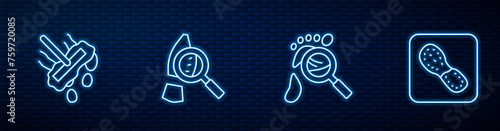 Set line Magnifying glass with footsteps, Mop, and Human footprints shoes. Glowing neon icon on brick wall. Vector