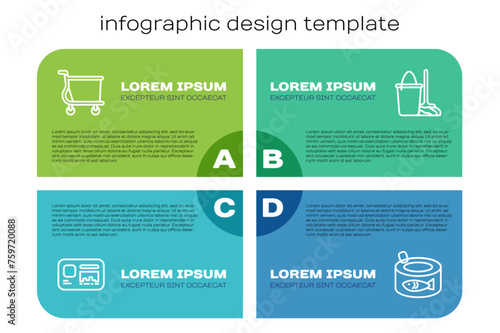 Set line Identification badge, Shopping cart, Canned fish and Mop and bucket. Business infographic template. Vector