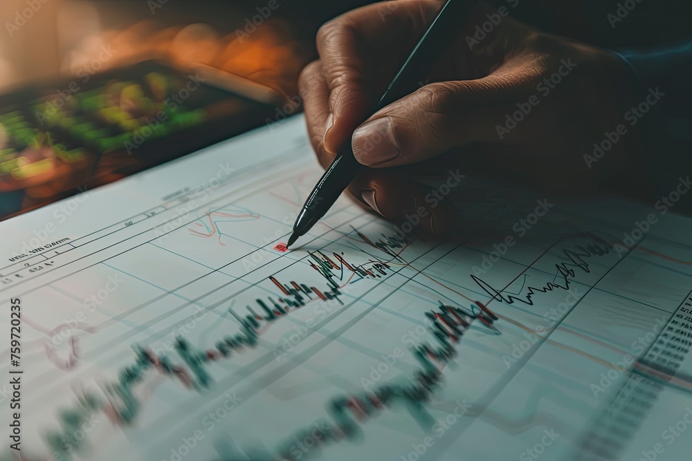 A hand drawing technical analysis patterns on a financial chart highlighting stock trends A hand drawing technical analysis patterns on a financial chart highlighting stock trends