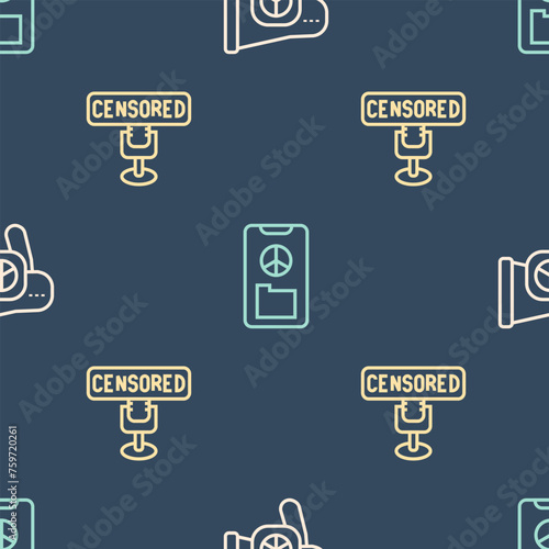 Set line Peace, Censored stamp and on seamless pattern. Vector