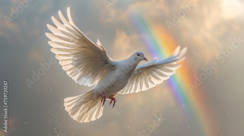 Dove flying towards white fluffy clouds with round rainbow