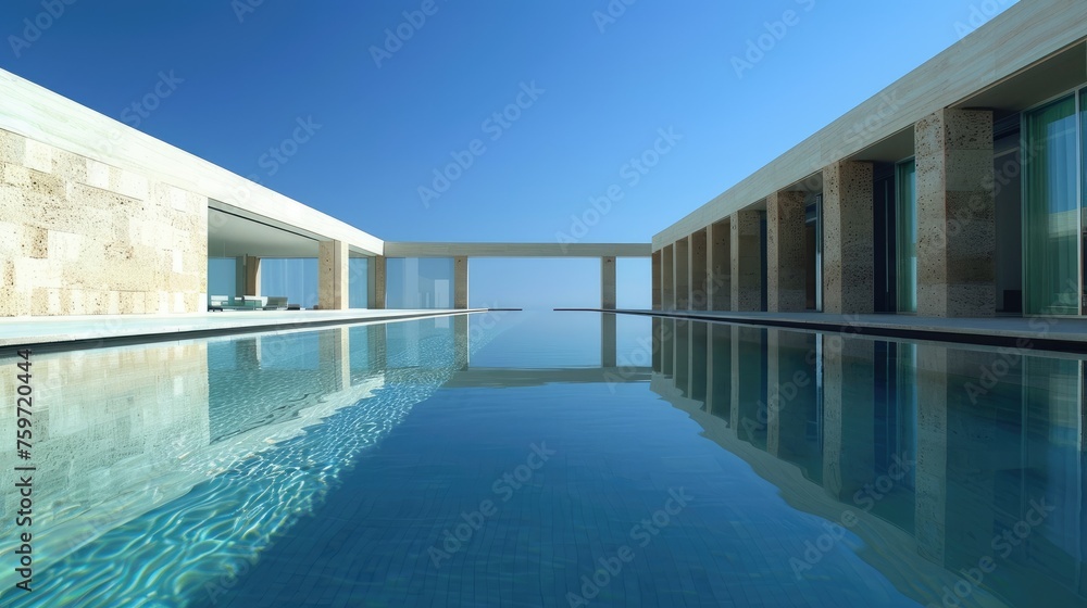 A crystal clear tranquil reflecting pool surrounded by minimalist architecture