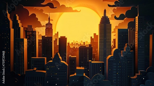 A detailed cityscape silhouette at sunset created with black and orange paper layers