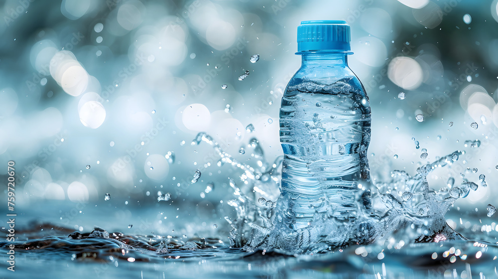 Small plastic water bottle with water splash background Small plastic water bottle with water splash background