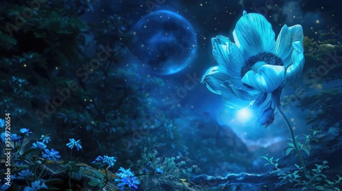 A mythical flower unfurling at midnight under the light of a blue moon