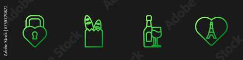 Set line Wine bottle with glass, Castle the shape of heart, French baguette bread and Eiffel tower. Gradient color icons. Vector