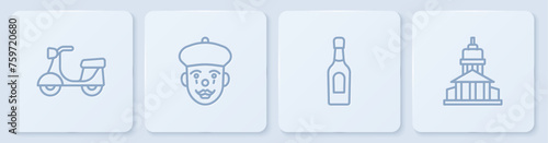 Set line Scooter, Champagne bottle, French mime and Museum building. White square button. Vector