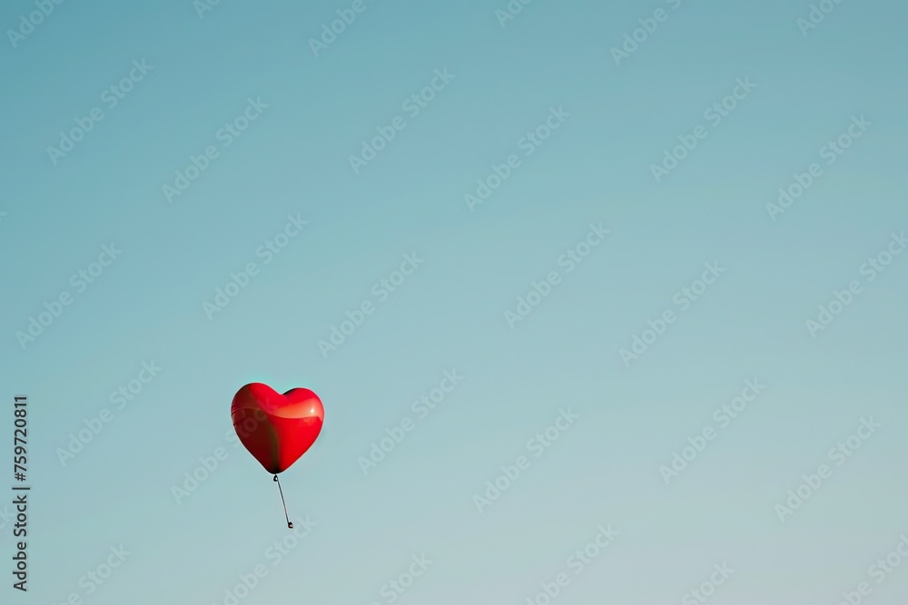 A single red heart-shaped balloon floating against a clear
