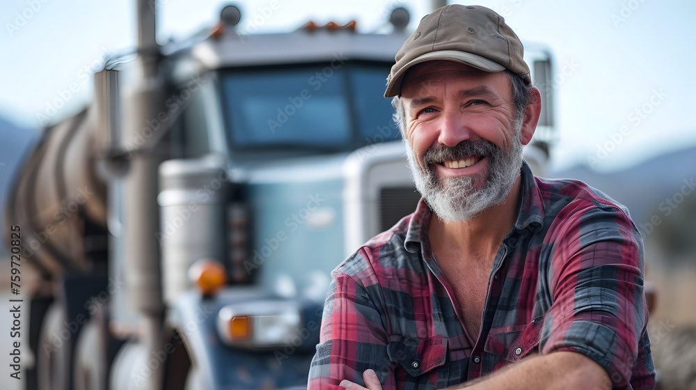 Smiling middle aged man truck driver posing with truck in the background Smiling middle aged man truck driver posing with truck in the background