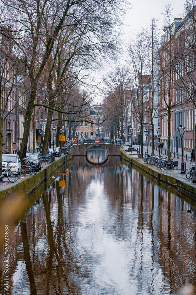 Panoramic canal in Amsterdam in winter