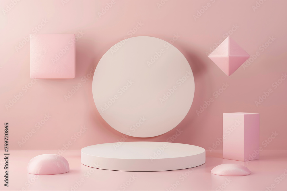 3D render of a minimalist circular podium, surrounded by floating geometric shapes, soft pink background by AI generated image 3D render of a minimalist circular podium, surrounded by floating geometric shapes, soft pink background by AI generated image