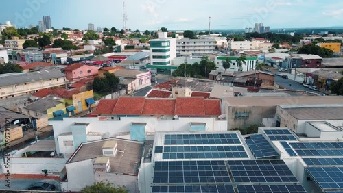 Aerial city scape with solar panel roofs in summer in central Cuiaba Mato Grosso