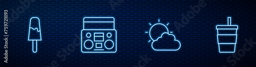 Set line Sun and cloud weather, Ice cream, Home stereo with two speakers and Paper glass water. Glowing neon icon on brick wall. Vector
