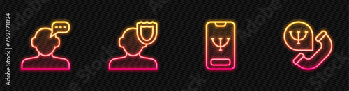 Set line Online psychological counseling, Psychology and . Glowing neon icon. Vector